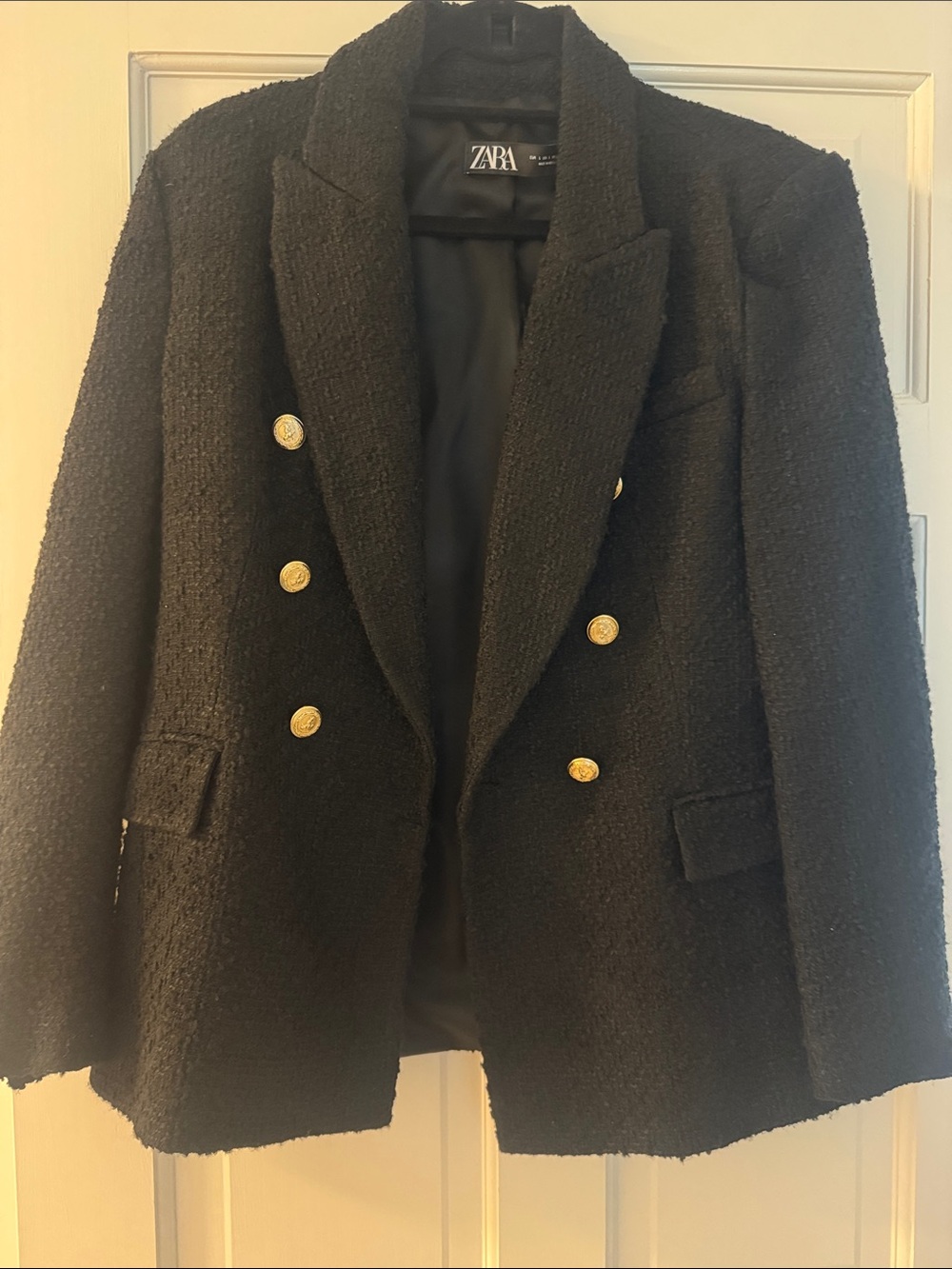 ZARA Black Bouclé Double-Breasted Blazer with Gold Buttons